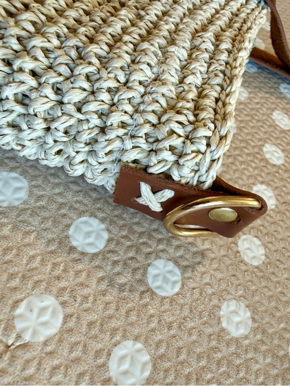 Neutral Woven Tote with Brown Leather Handles - Picture 2 of 6